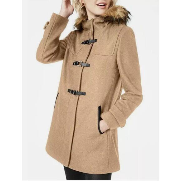 Cole Haan Signature Wool Blend Duffle Coat Faux Fur Hooded Camel Size 8 $320 NWT - Picture 1 of 10